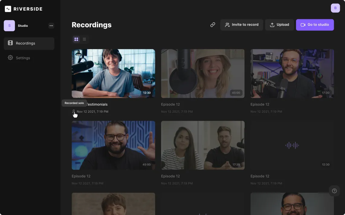 Riverside Studio dashboard showing a list of recorded video thumbnails with titles, dates, and durations.